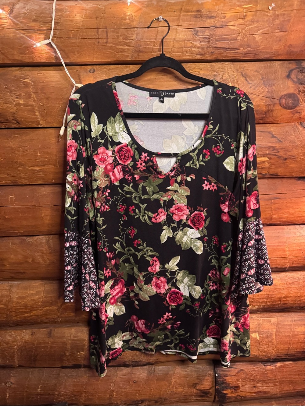 Fred David Black Floral Scoop Neck Long Sleeve Top with Pink & Green Roses